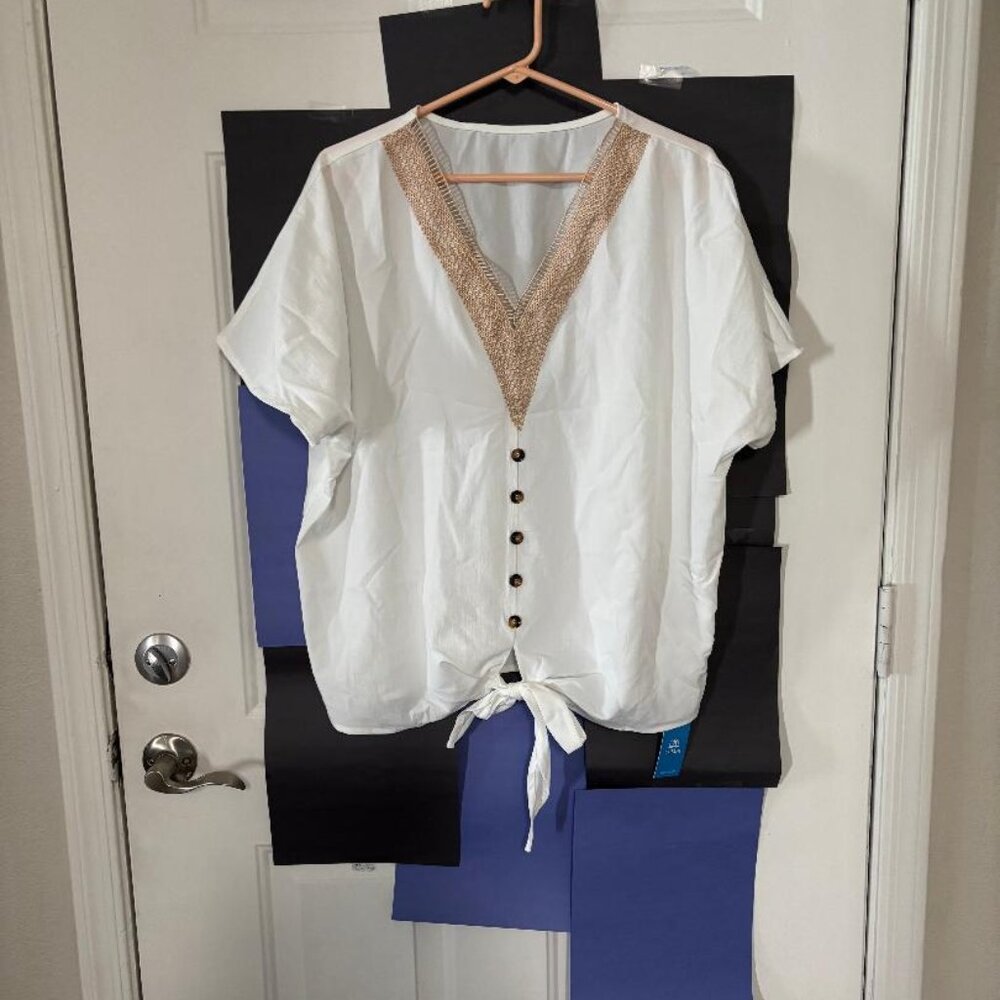 Cupshe White Blouse with Tan Crochet - Size Large - $10